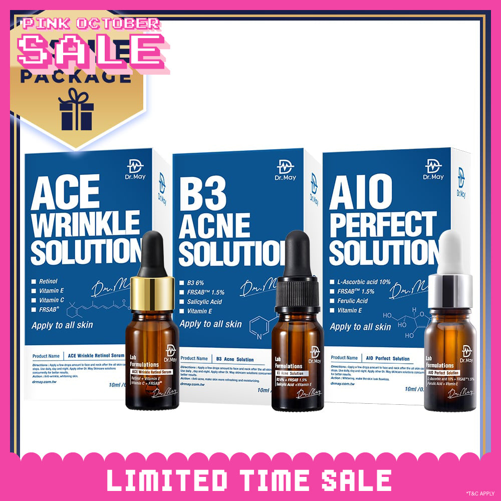 Dr May Ace Wrinkle Solution 10ml + B3 Acne Solution Serum 10ml + AIO Perfect Solution 10ml