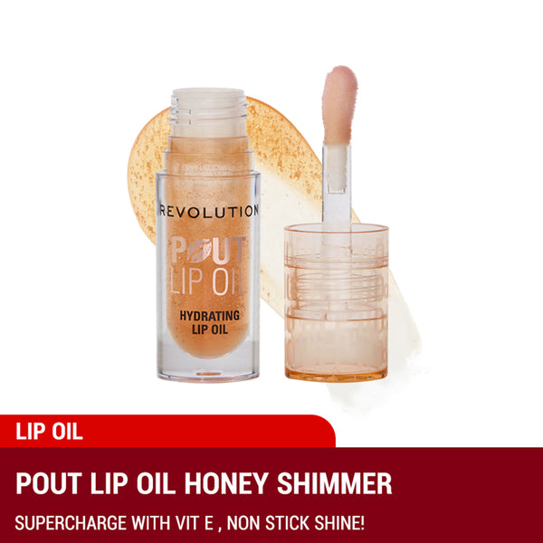 Revolution Pout Lip Oil 3ml (Honey Shimmer / Glam Pink Shimmer / Lychee Clear / Cherry Red / Watermelon Pink / Juicy Peach)