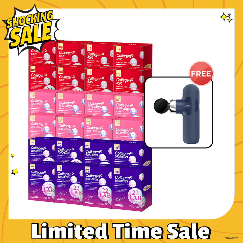 M2 22Lab Super Collagen Drink (6000mg 8s / Night + Gaba 8s / 3800+Ceramide 8s / 3800+Pearl Nest 8s) x 24 Boxes + Free Hyundai PMS-019 Mini Massage Gun