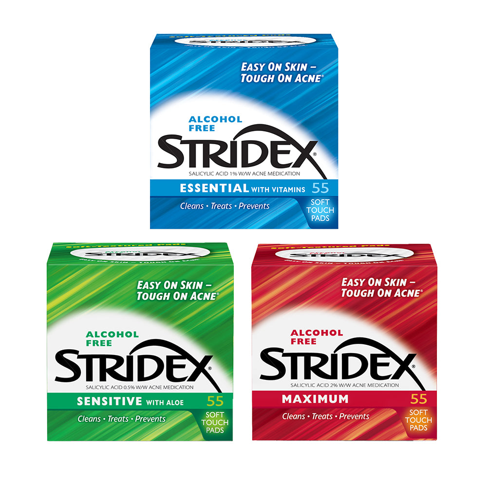 Stridex Acne Control Pads with Salicylic Acid (Sensitive 55s + Maximum 55s) + Essential Pads with Vitamins 55s