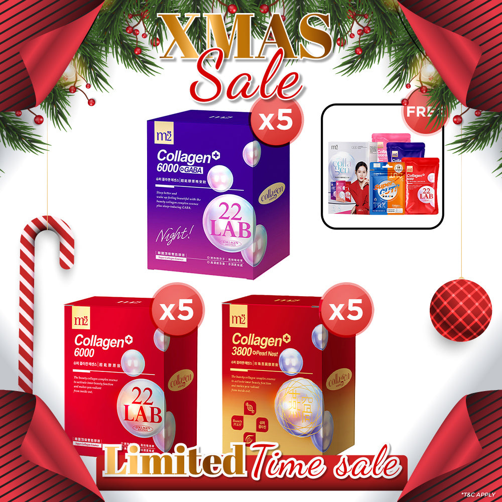 【Bundle Of 5】M2 22Lab Super Collagen Drink 8s (6000mg Drink 8s / Drink+GABA 8s / 3800 +Pearl Nest 8s) + FREE M2 Slim+ Booster EX x 6 tablets + Firm ABS EX x 6 tablets + FREE Collagen Drink Trial Set 3s/set
