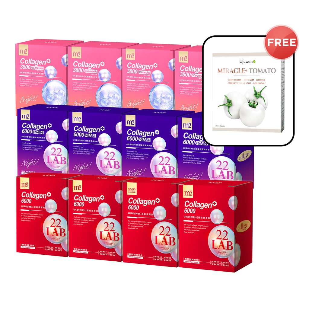 M2 22Lab Super Collagen Drink 8s x 4 Boxes + M2 22 Lab Super Collagen Night Drink + GABA 8s x 4 Boxes + M2 Super Collagen 3800 + Ceramide Drink 8s x 4 Boxes + Free Ujuwon Miracle+ Tomato Skin Booster x 1 Box