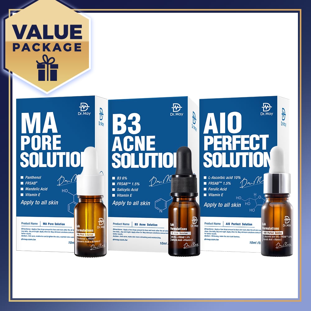 Dr May MA Pore Solution Smart Mandelic Acid Rejuvenating Essence 10ml + B3 Acne Solution Serum 10ml + AIO Perfect Solution 10ml
